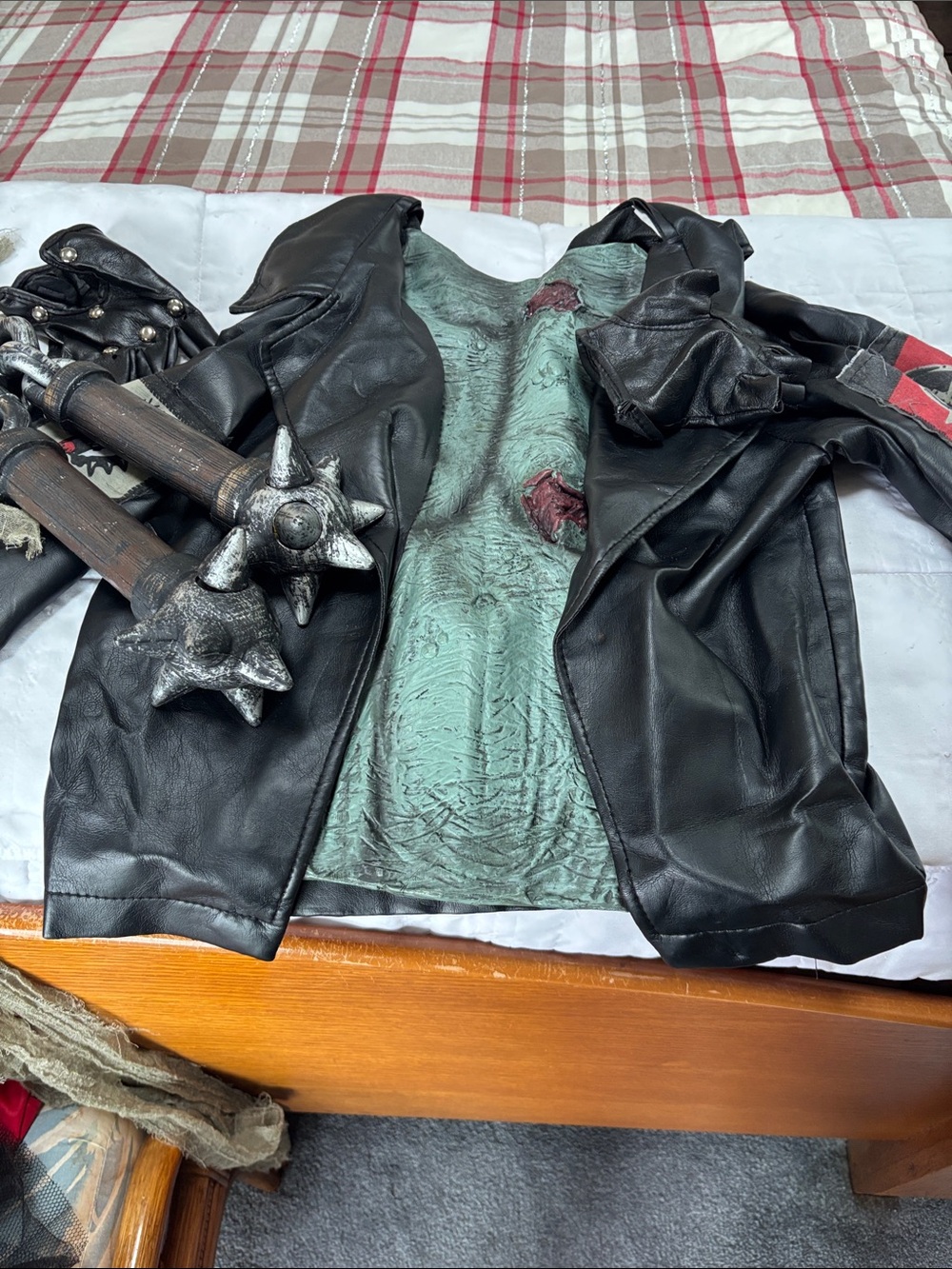 Black Faux Leather Jacket costume with Distressed Green Lining